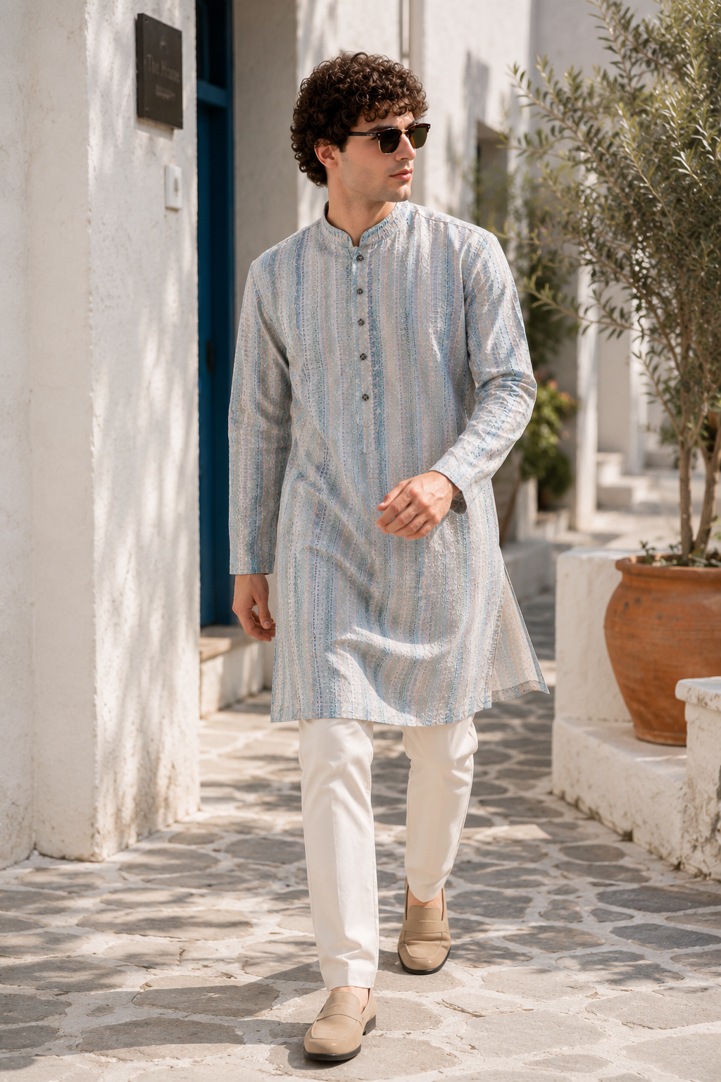 Pastel Blue Sequence Stone Work Textured Kurta Pajama for Men - 26415