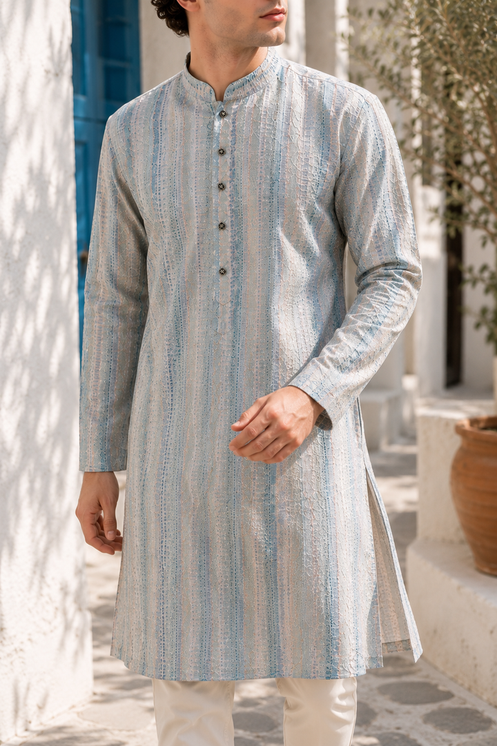 Pastel Blue Sequence Stone Work Textured Kurta Pajama for Men - 26415