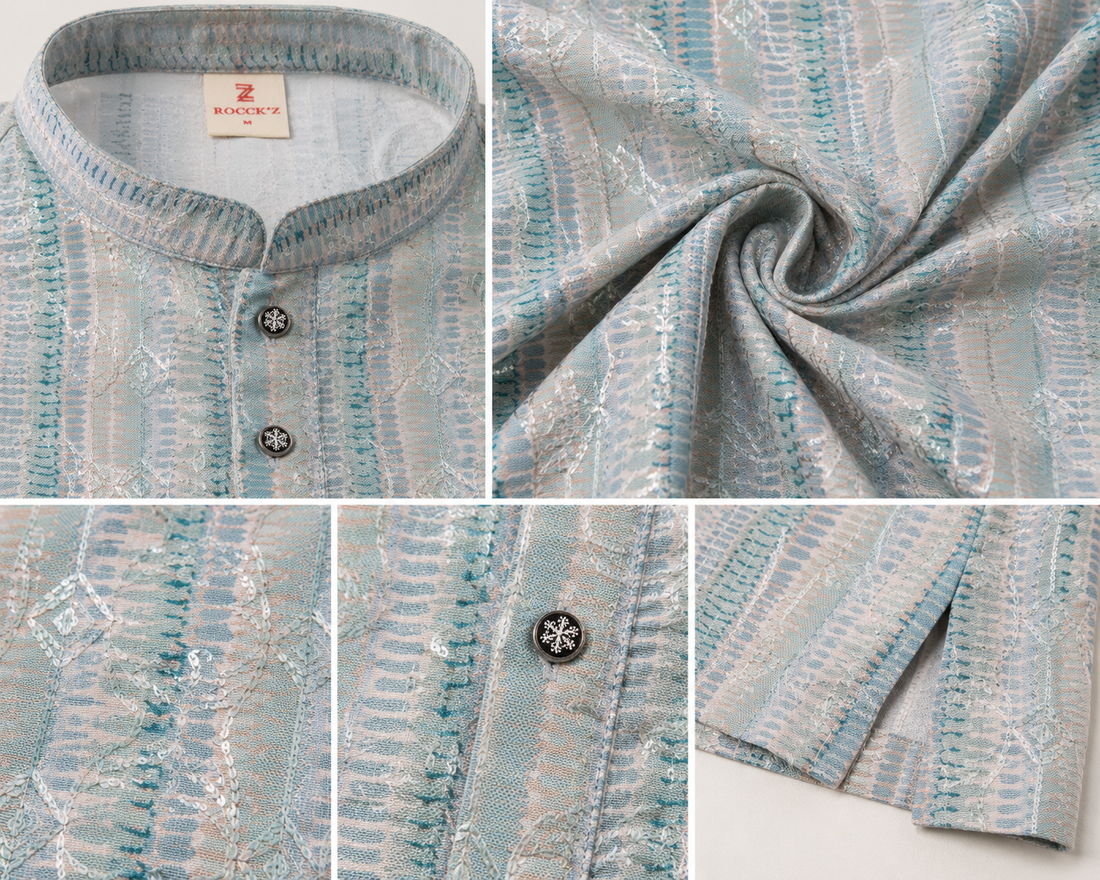 Pastel Blue Sequence Stone Work Textured Kurta Pajama for Men - 26415