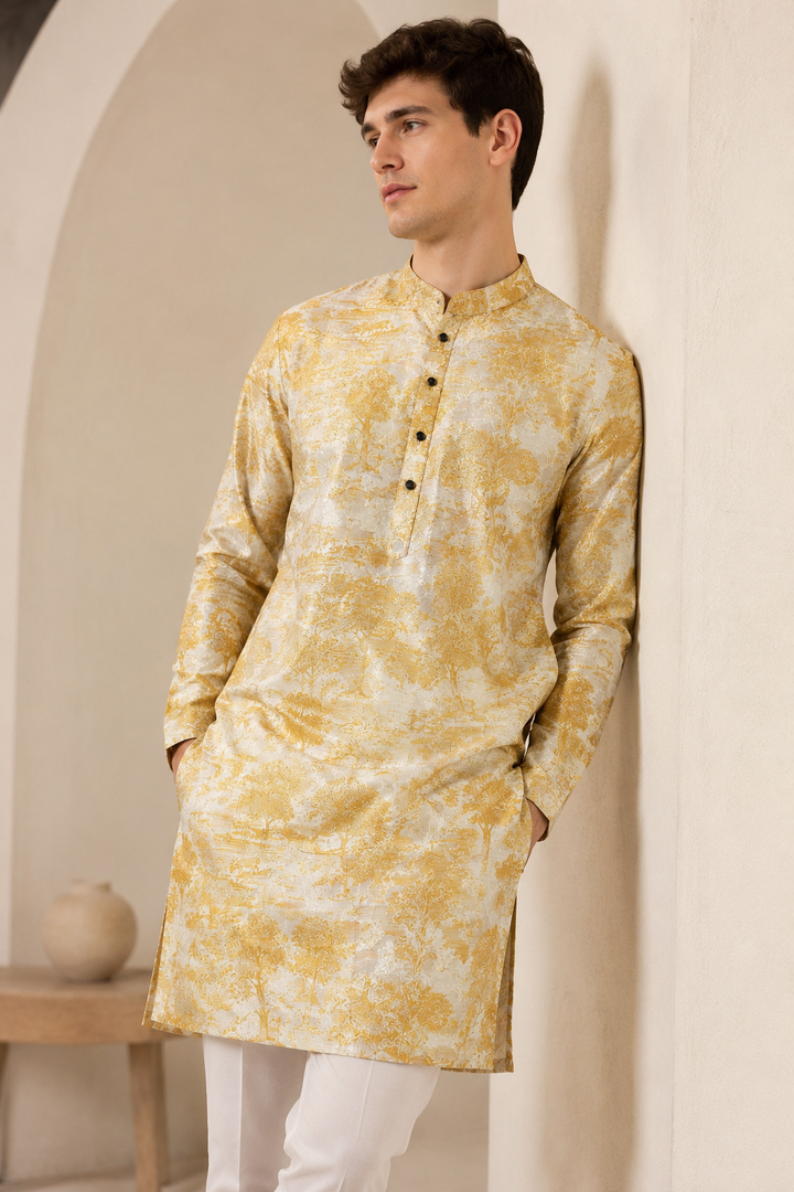 Golden Embroidered Textured Kurta Pajama by ROCCK'Z - 26400