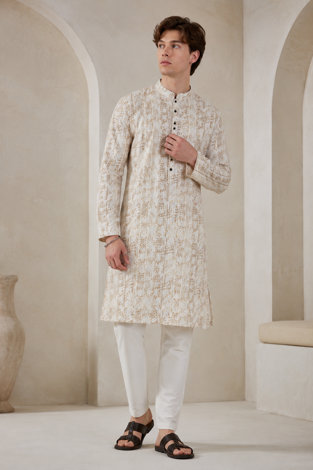 Beige Sequin Embroidered Textured Kurta - 26410