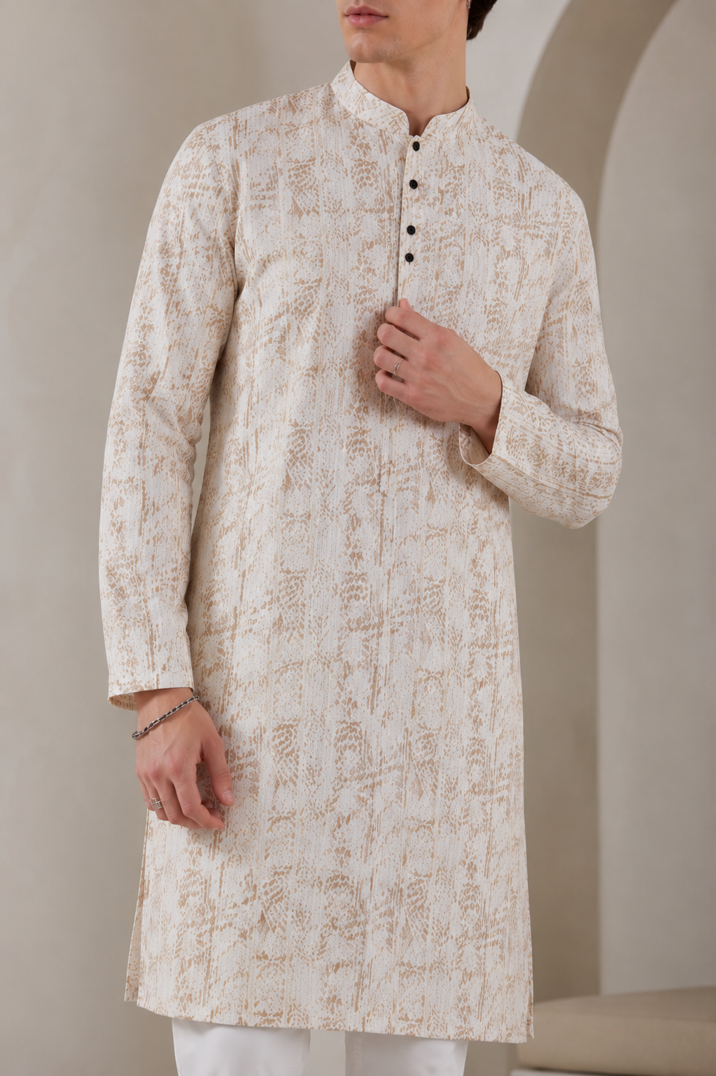 Beige Sequin Embroidered Textured Kurta - 26410