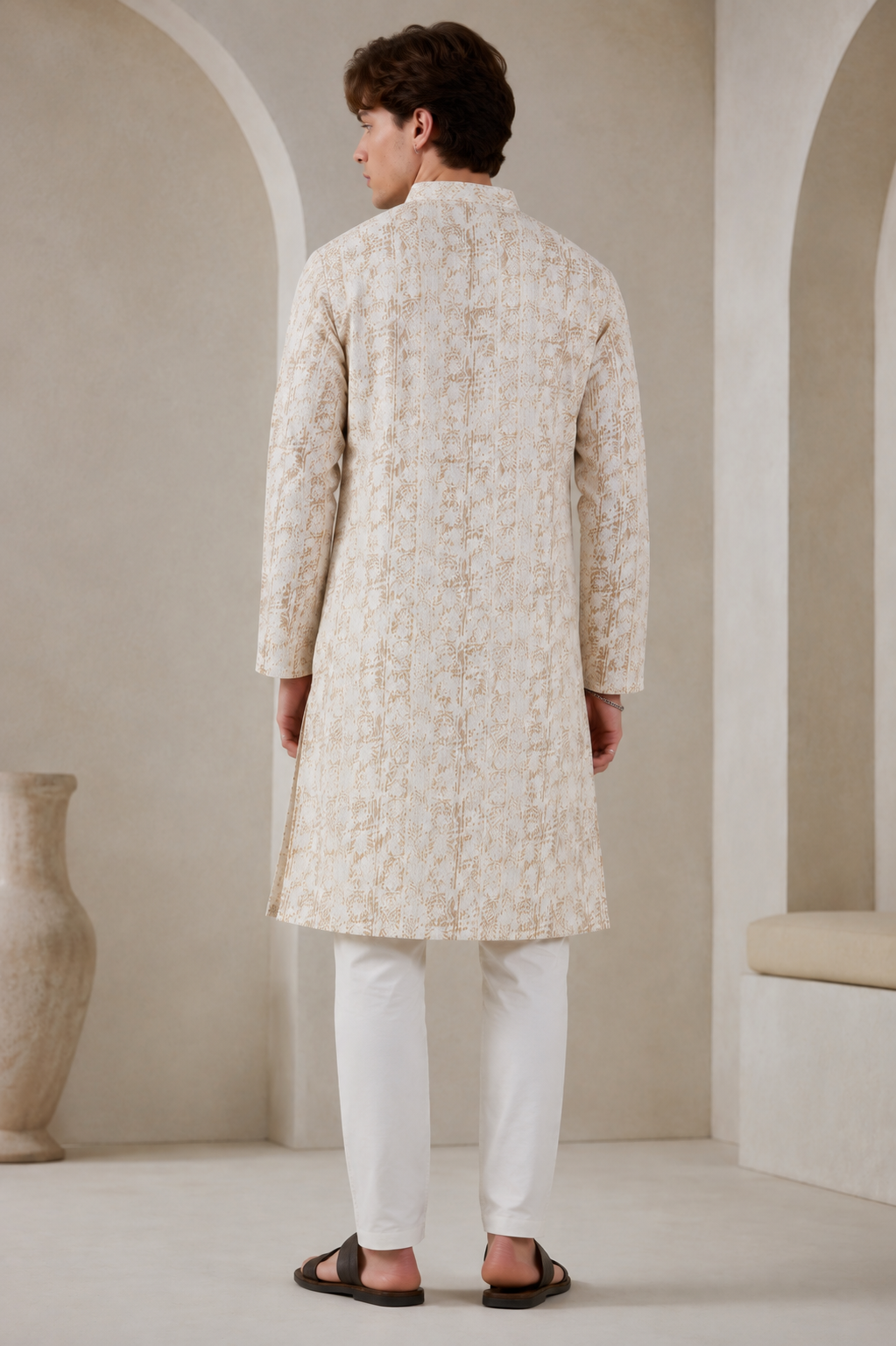 Beige Sequin Embroidered Textured Kurta - 26410