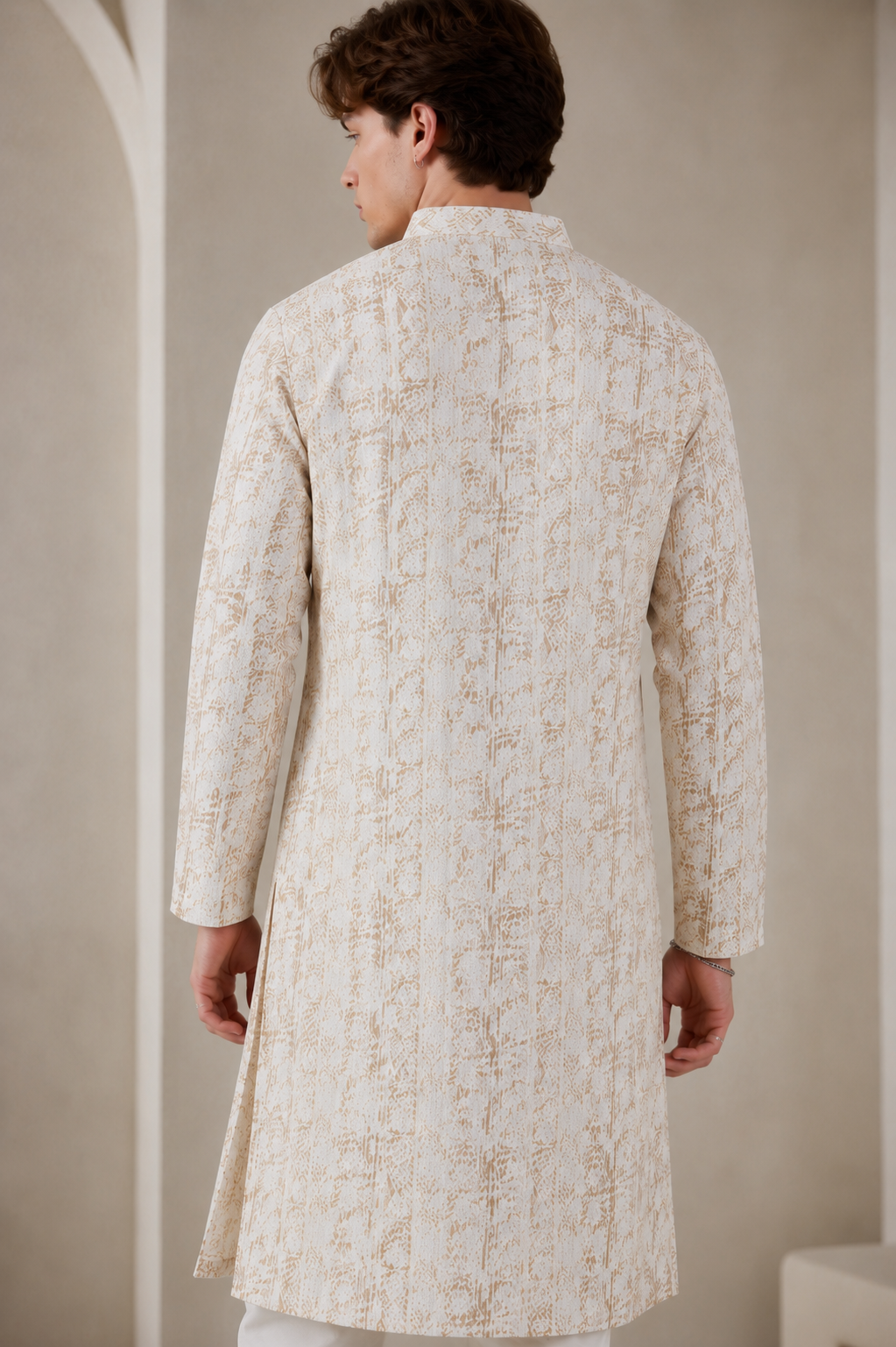 Beige Sequin Embroidered Textured Kurta - 26410