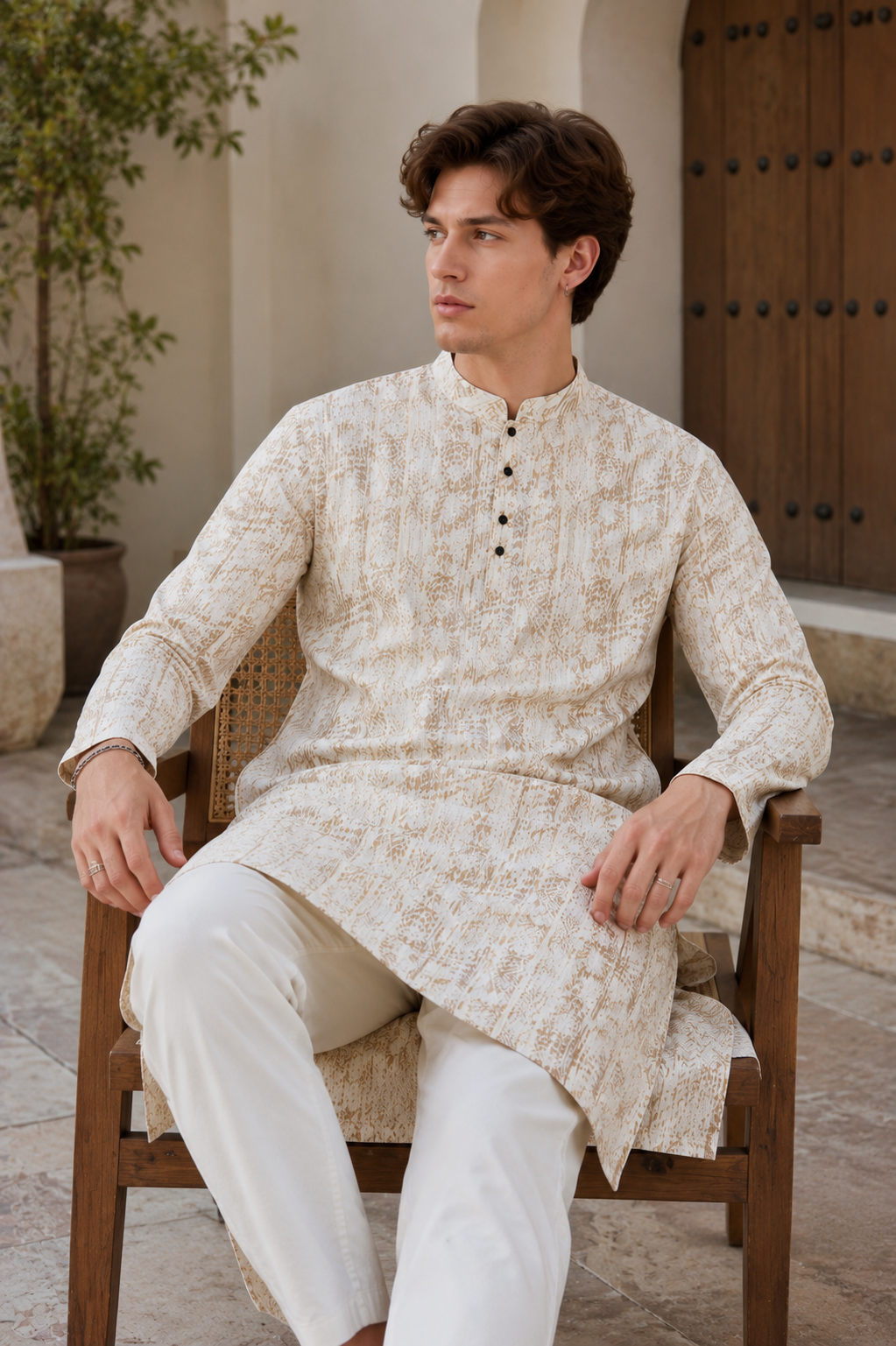 Beige Sequin Embroidered Textured Kurta - 26410
