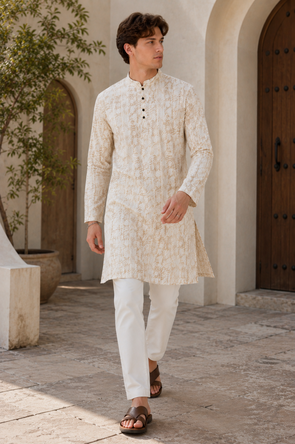 Beige Sequin Embroidered Textured Kurta - 26410