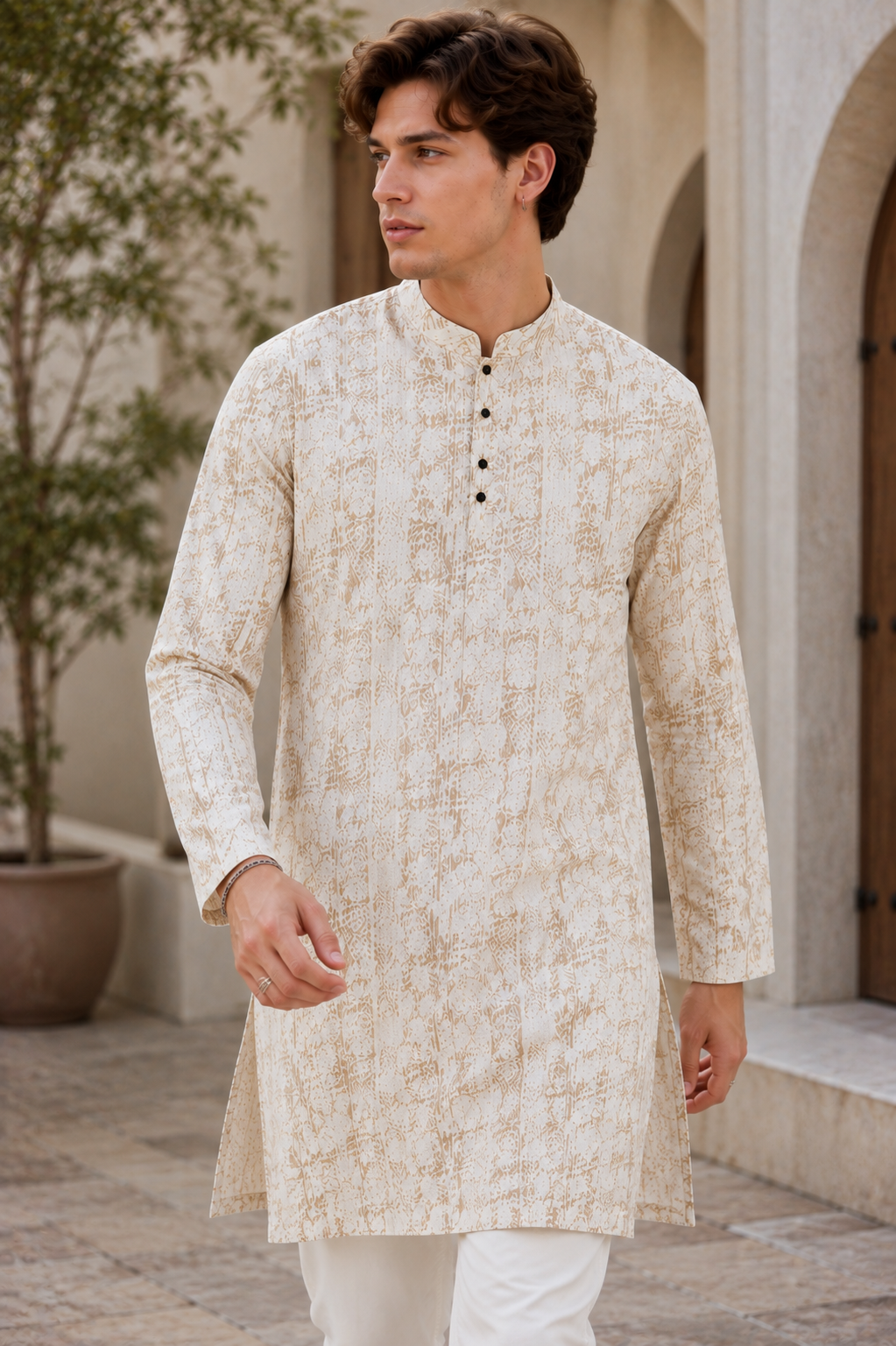 Beige Sequin Embroidered Textured Kurta - 26410