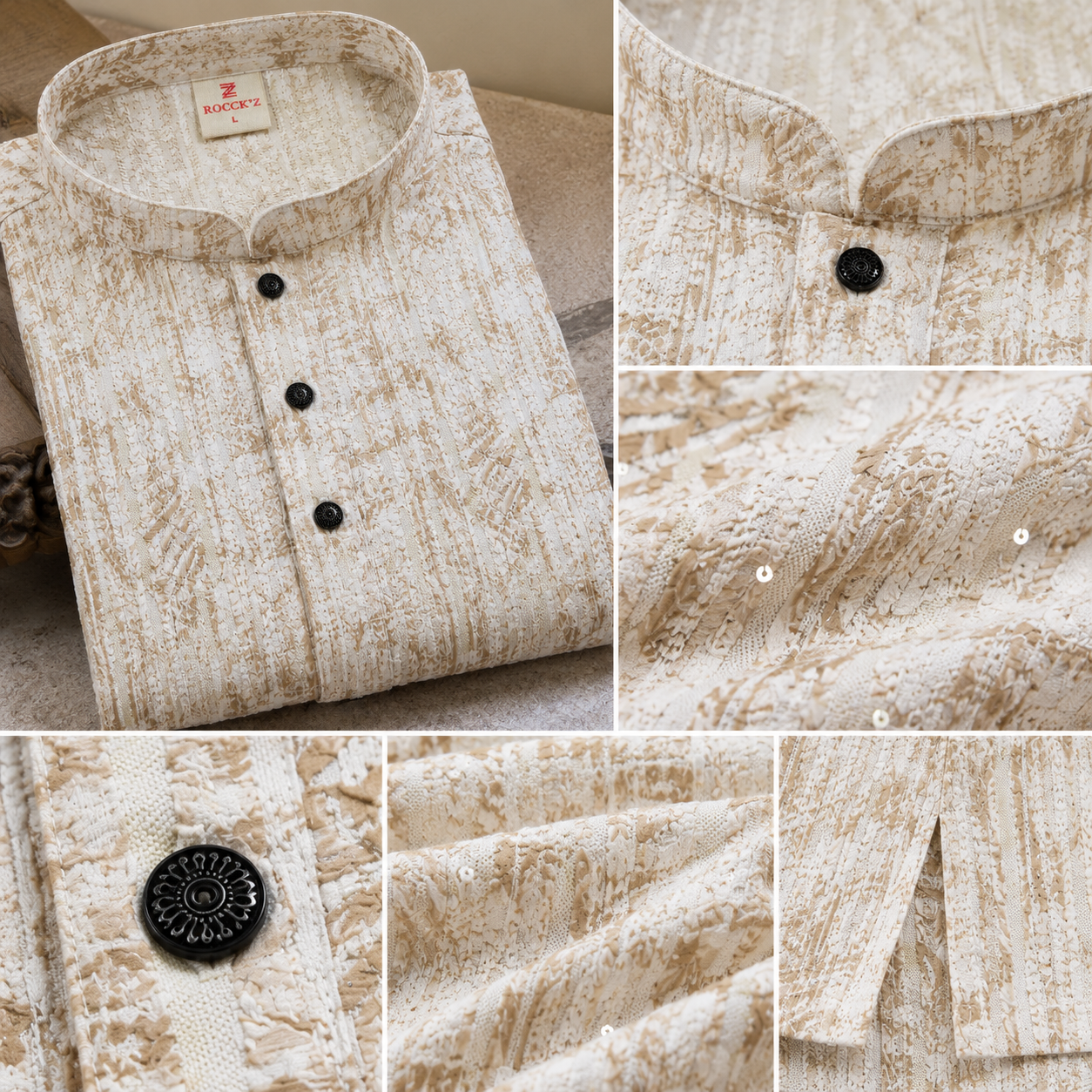 Beige Sequin Embroidered Textured Kurta - 26410