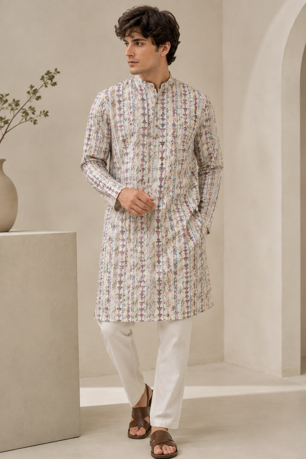 Men’s Ivory Printed Kurta Pajama -  26396