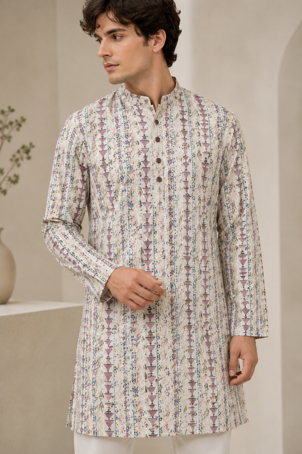 Men’s Ivory Printed Kurta Pajama -  26396