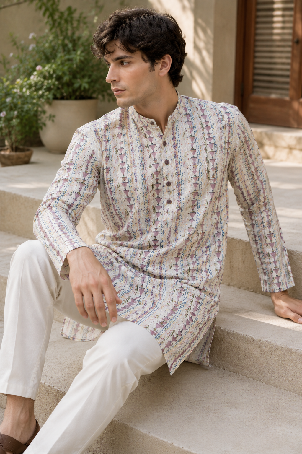 Men’s Ivory Printed Kurta Pajama -  26396
