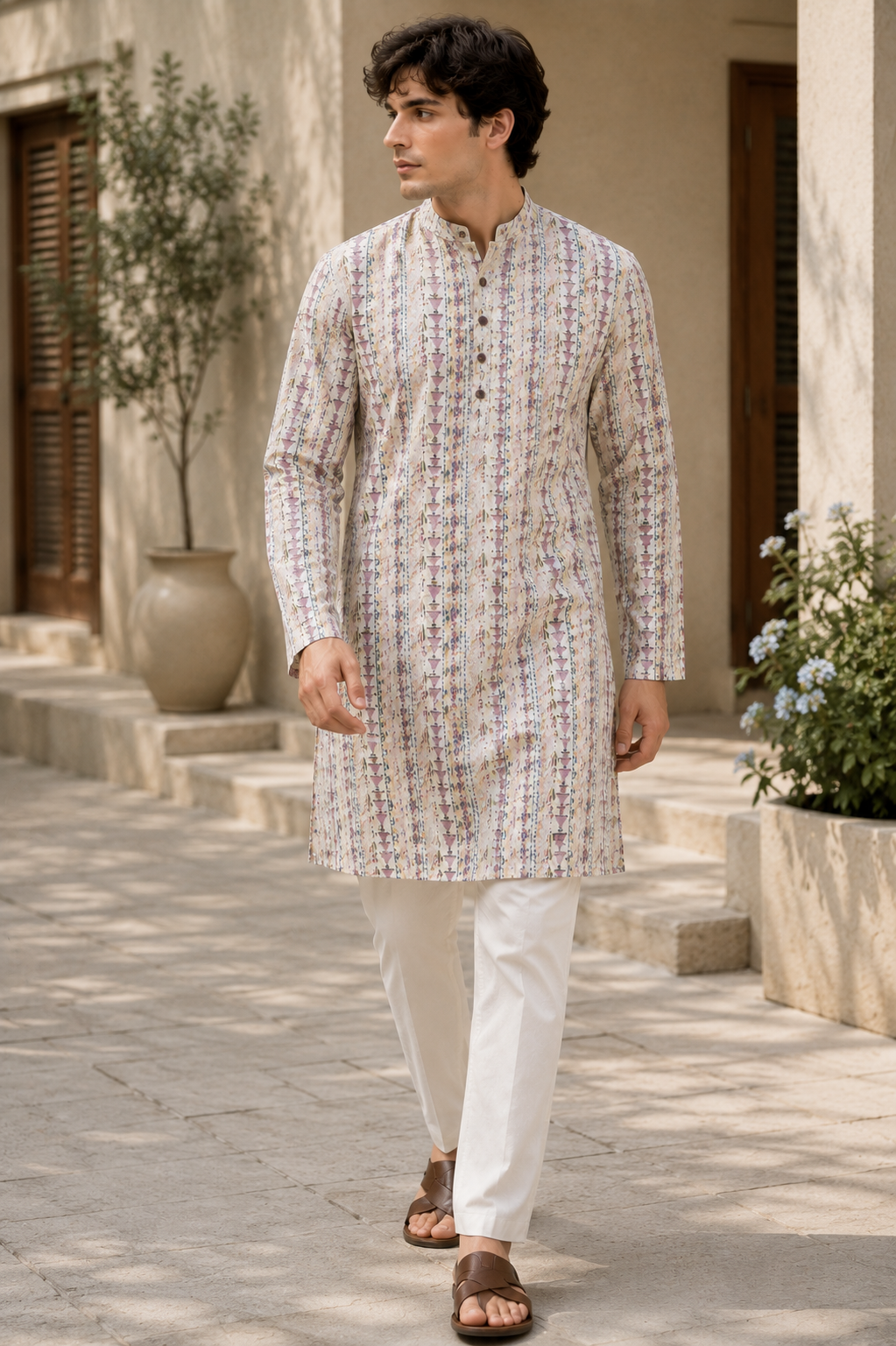 Men’s Ivory Printed Kurta Pajama -  26396