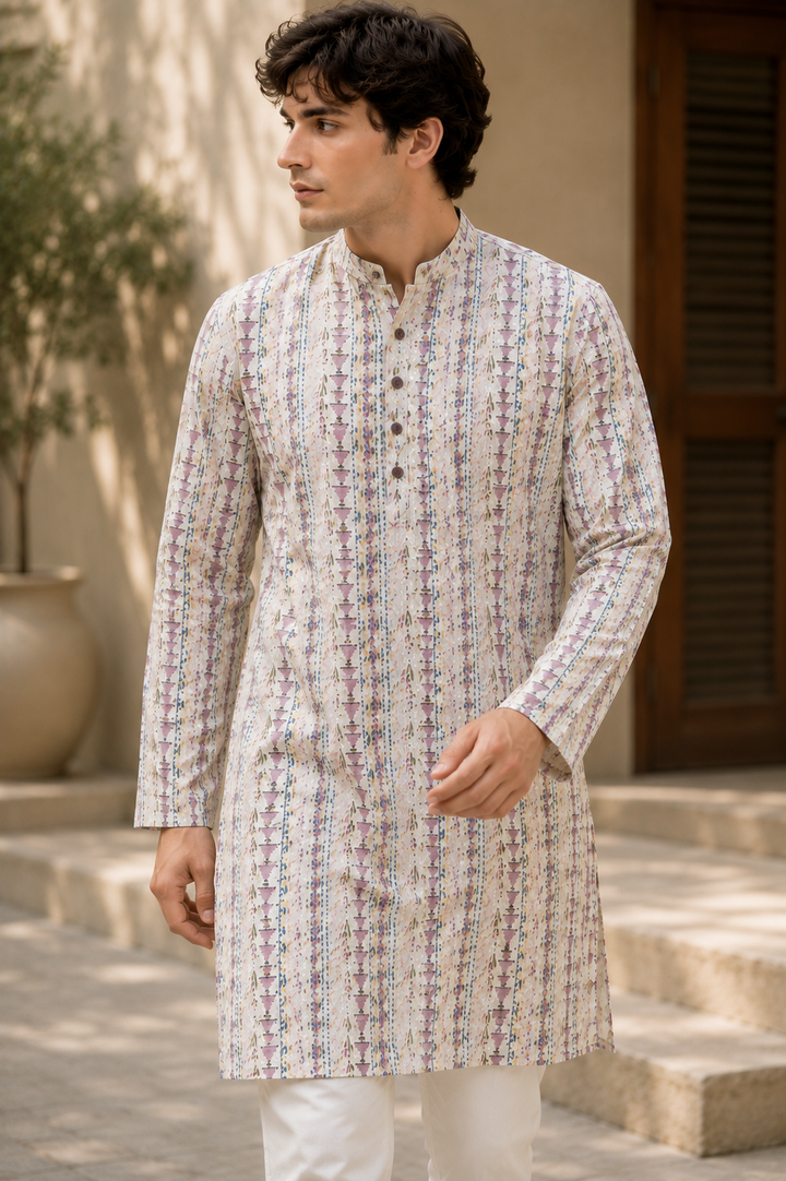 Men’s Ivory Printed Kurta Pajama -  26396