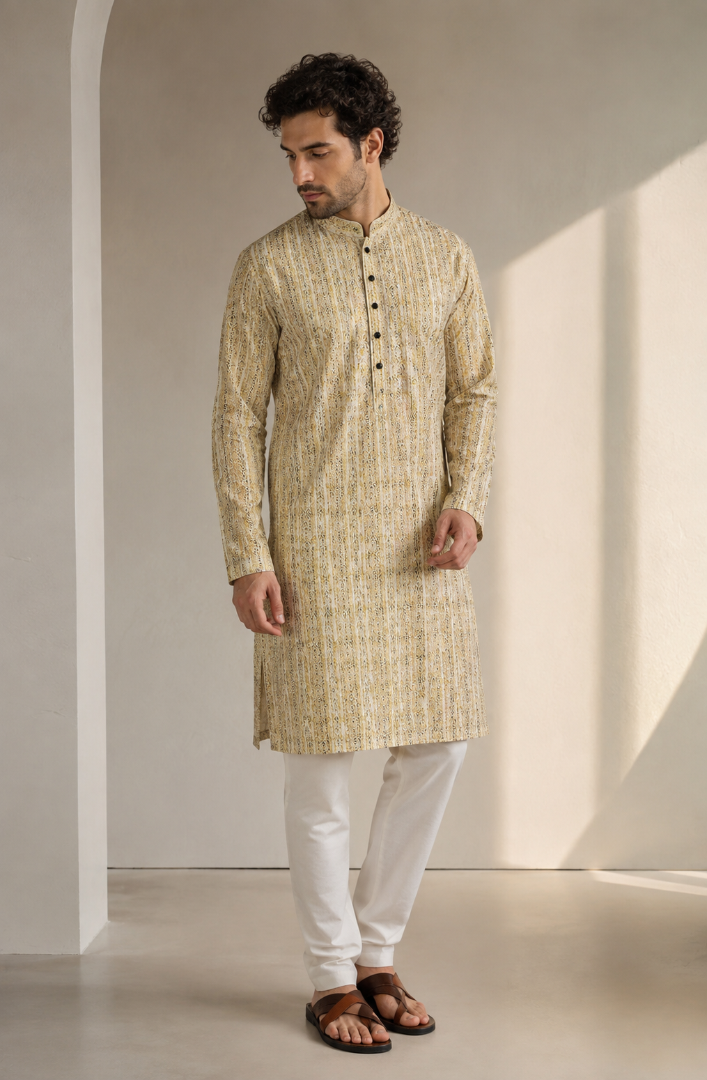 Men’s Ivory & Olive Printed Textured Kurta Pajama - 26416