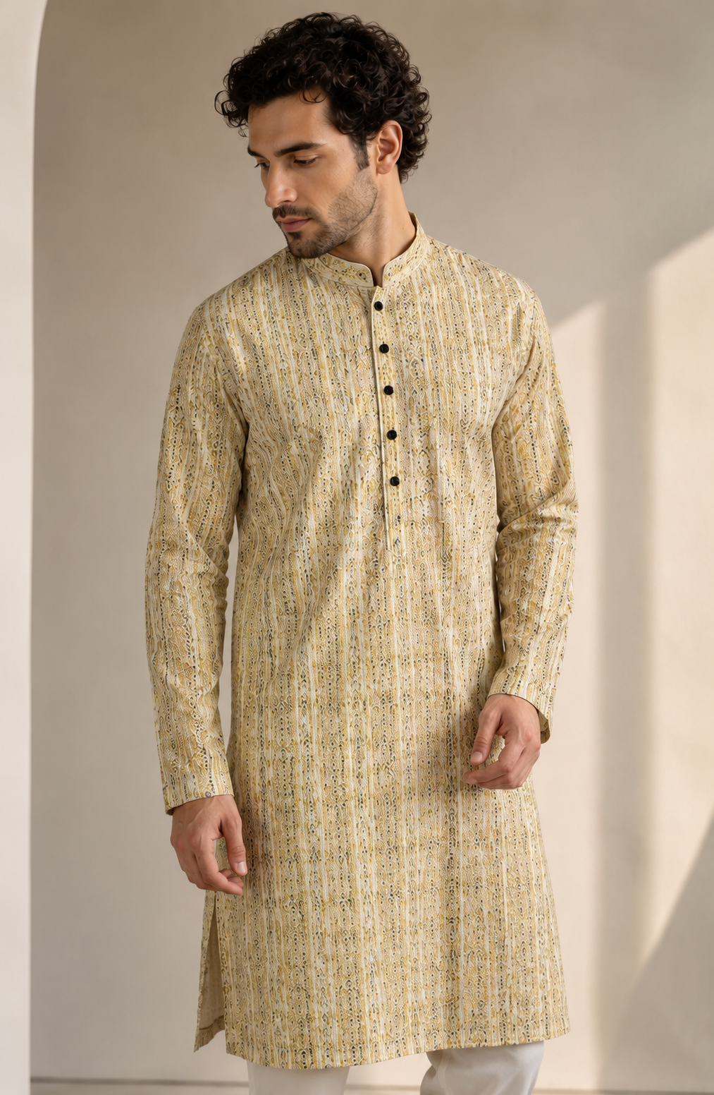 Men’s Ivory & Olive Printed Textured Kurta Pajama - 26416
