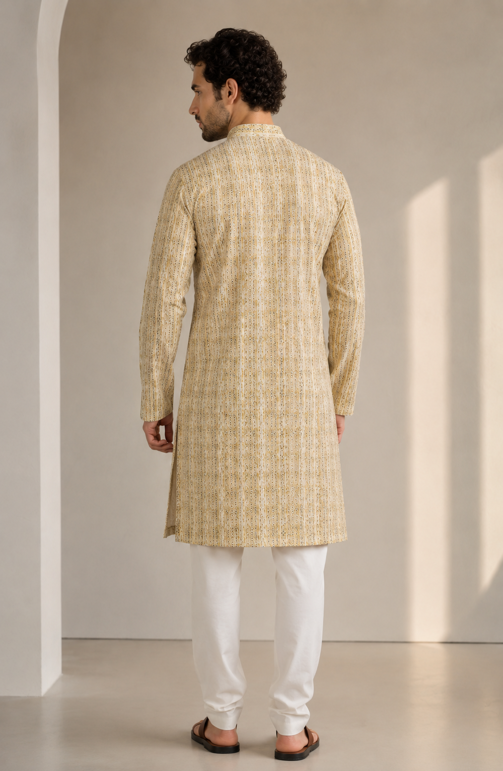 Men’s Ivory & Olive Printed Textured Kurta Pajama - 26416