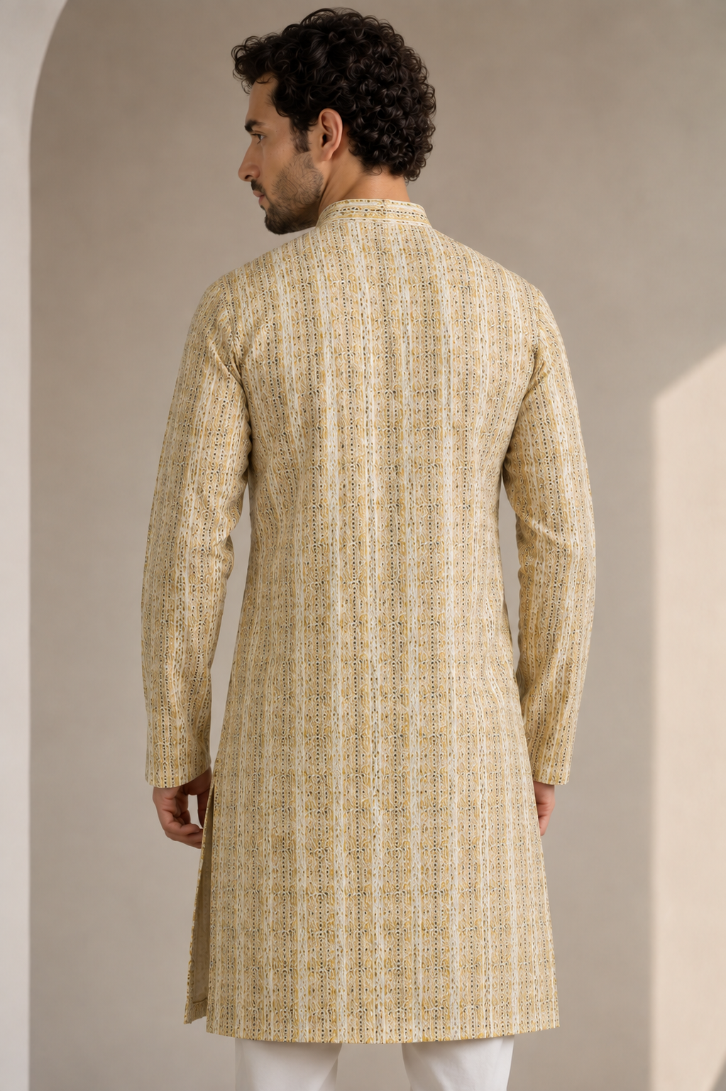 Men’s Ivory & Olive Printed Textured Kurta Pajama - 26416