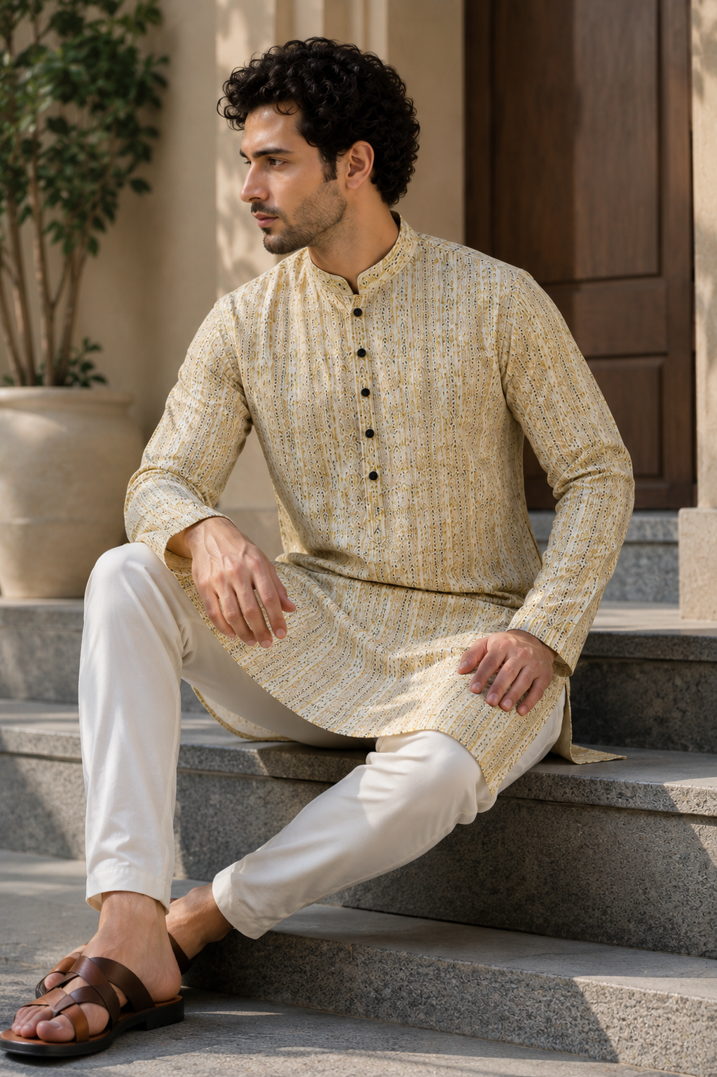 Men’s Ivory & Olive Printed Textured Kurta Pajama - 26416