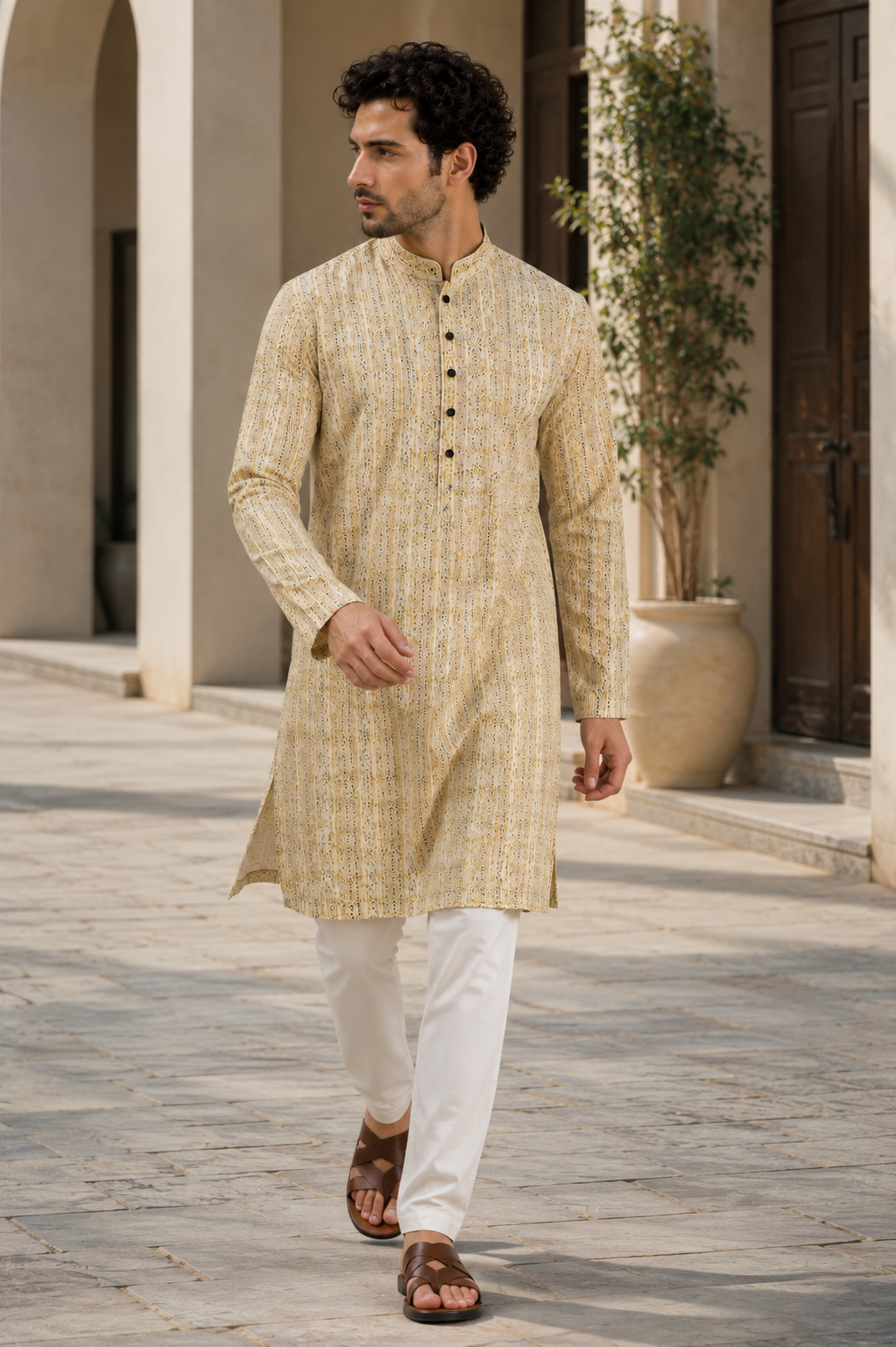 Men’s Ivory & Olive Printed Textured Kurta Pajama - 26416