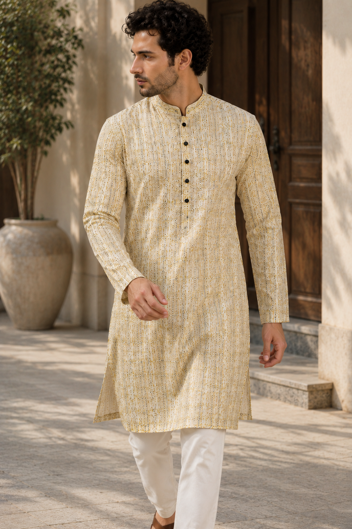 Men’s Ivory & Olive Printed Textured Kurta Pajama - 26416