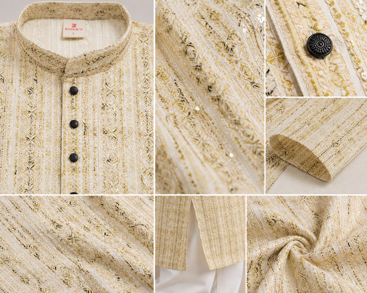 Men’s Ivory & Olive Printed Textured Kurta Pajama - 26416