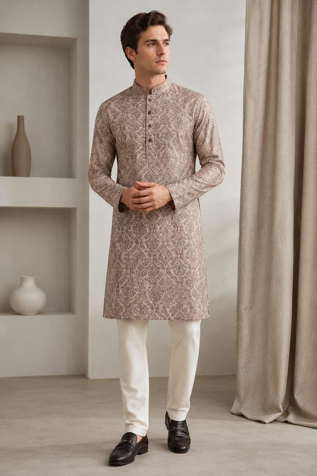 Men's Beige & Brown Ethnic Motif Printed Casual & Festive Kurta - 26375