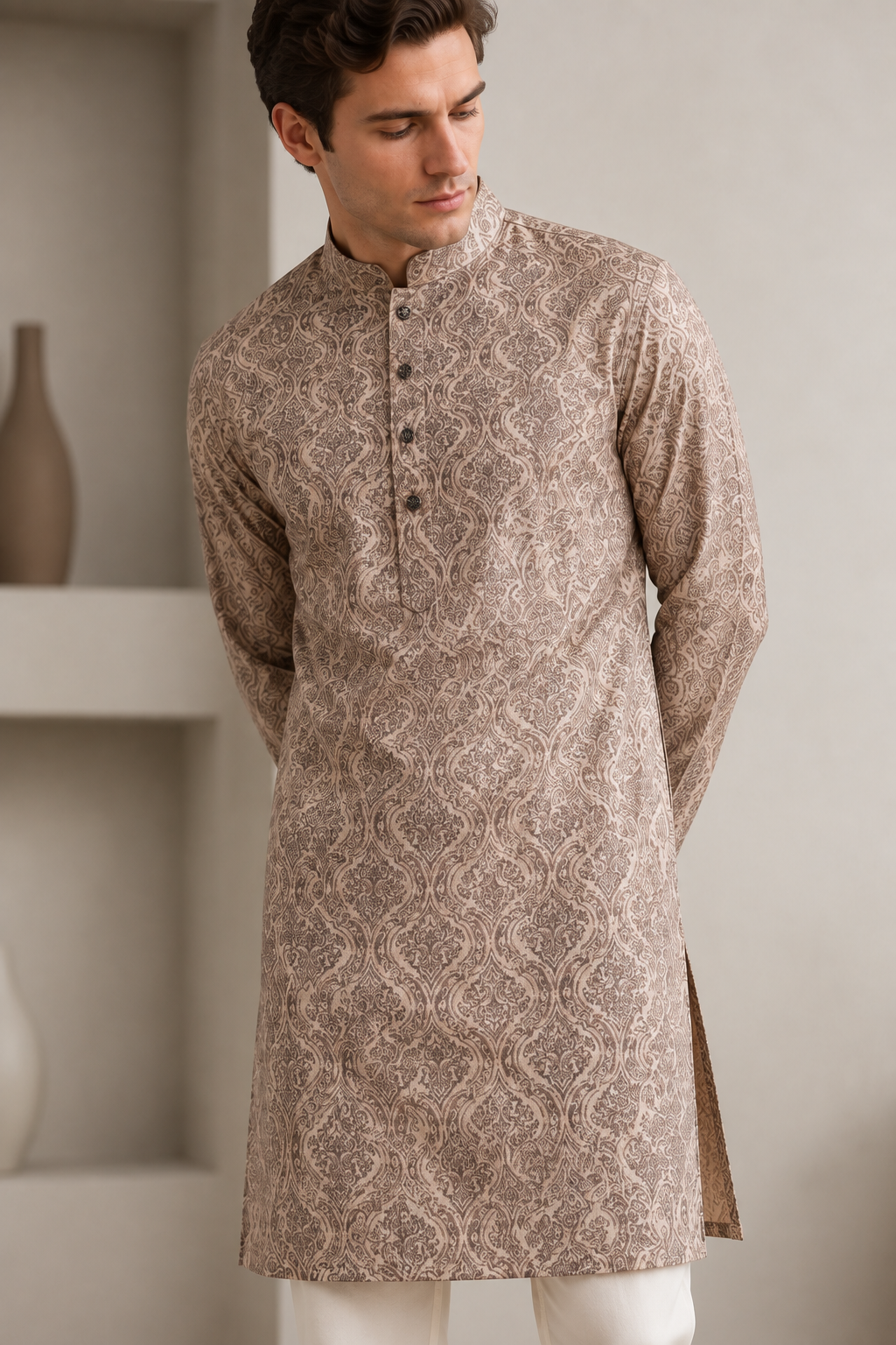 Men's Beige & Brown Ethnic Motif Printed Casual & Festive Kurta - 26375