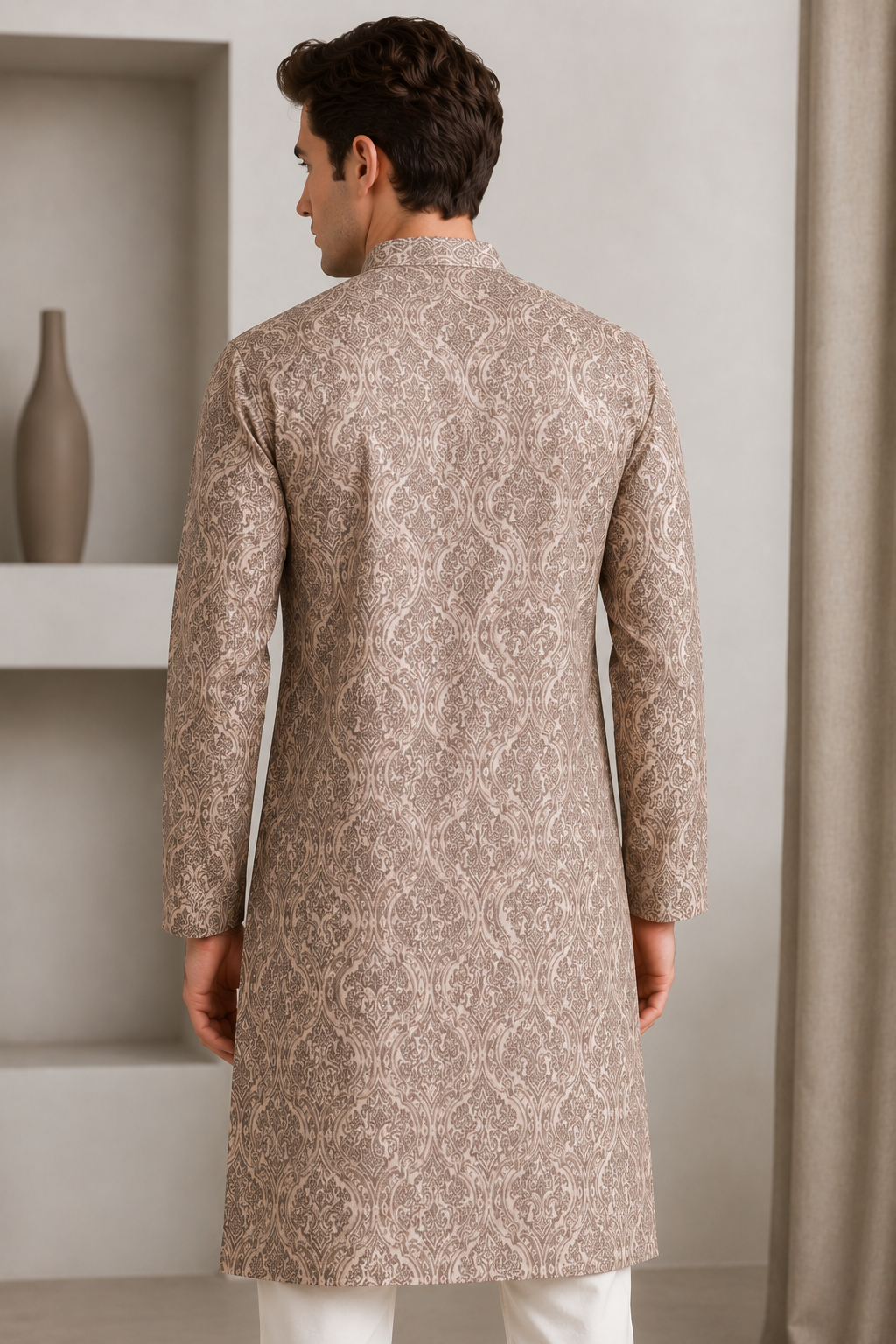 Men's Beige & Brown Ethnic Motif Printed Casual & Festive Kurta - 26375