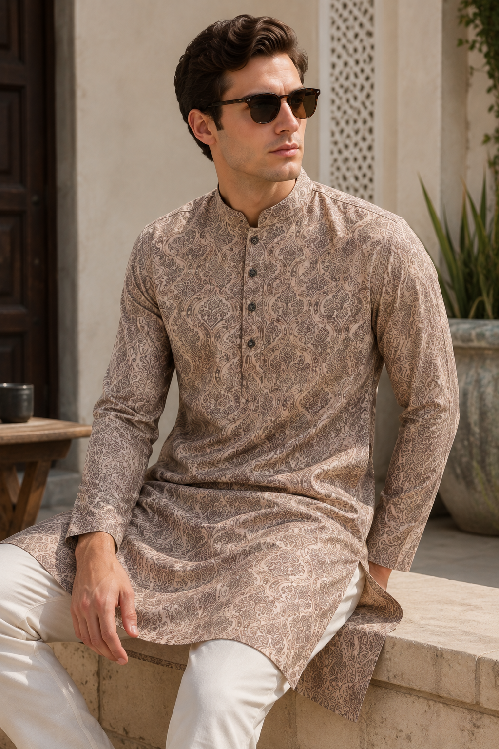 Men's Beige & Brown Ethnic Motif Printed Casual & Festive Kurta - 26375