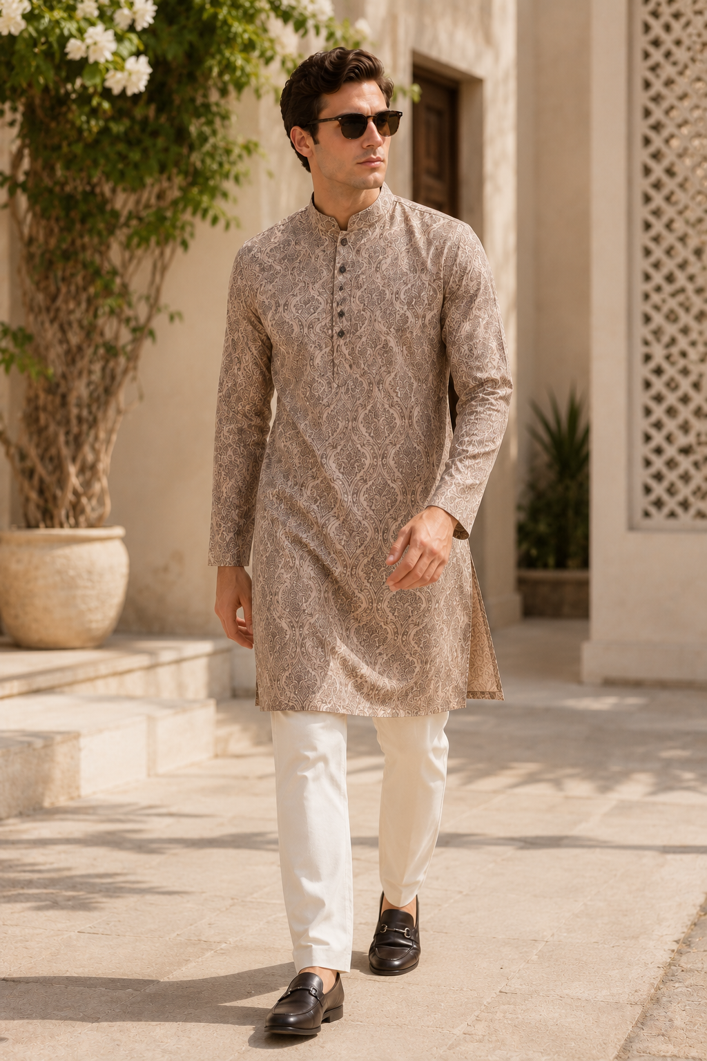 Men's Beige & Brown Ethnic Motif Printed Casual & Festive Kurta - 26375