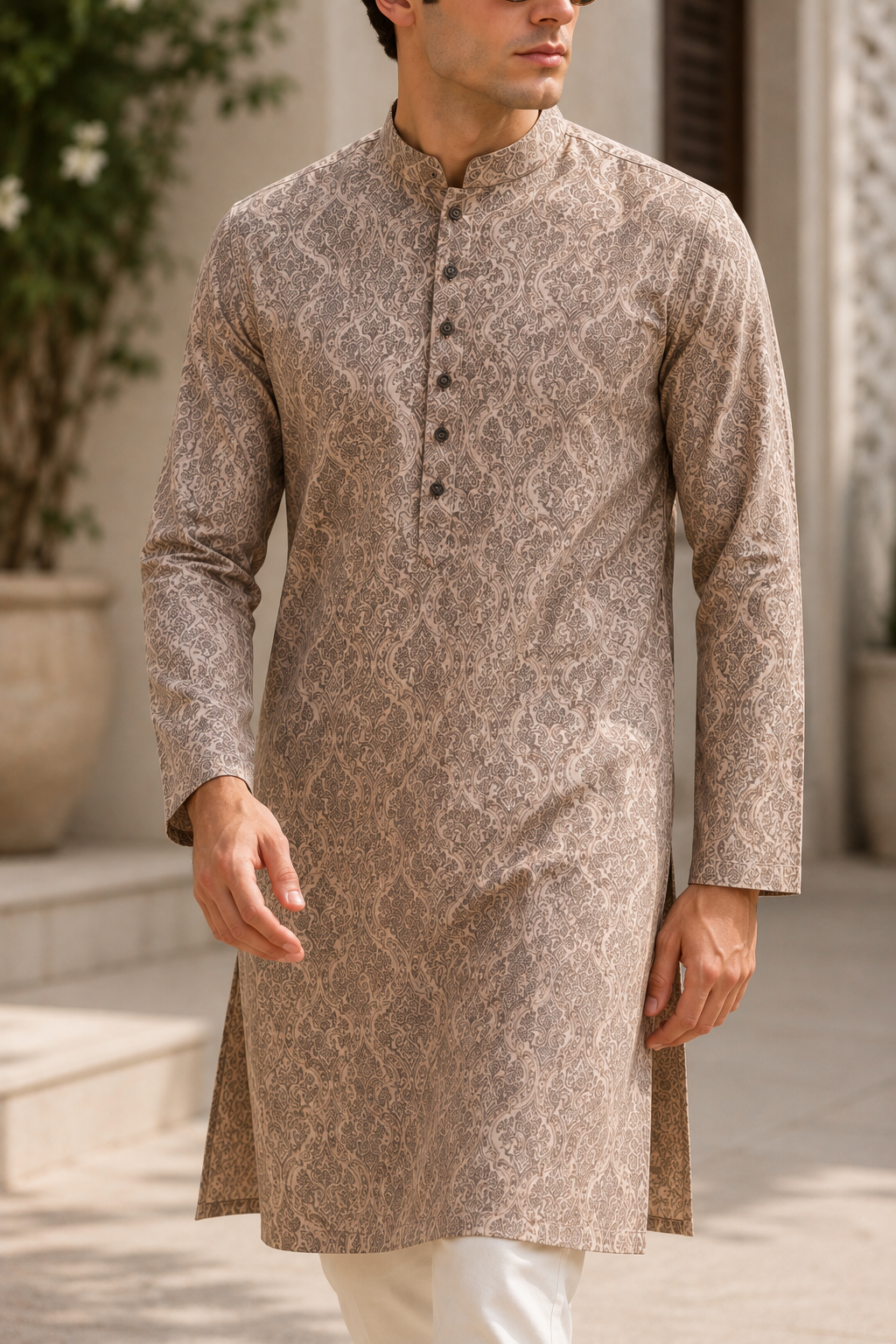Men's Beige & Brown Ethnic Motif Printed Casual & Festive Kurta - 26375
