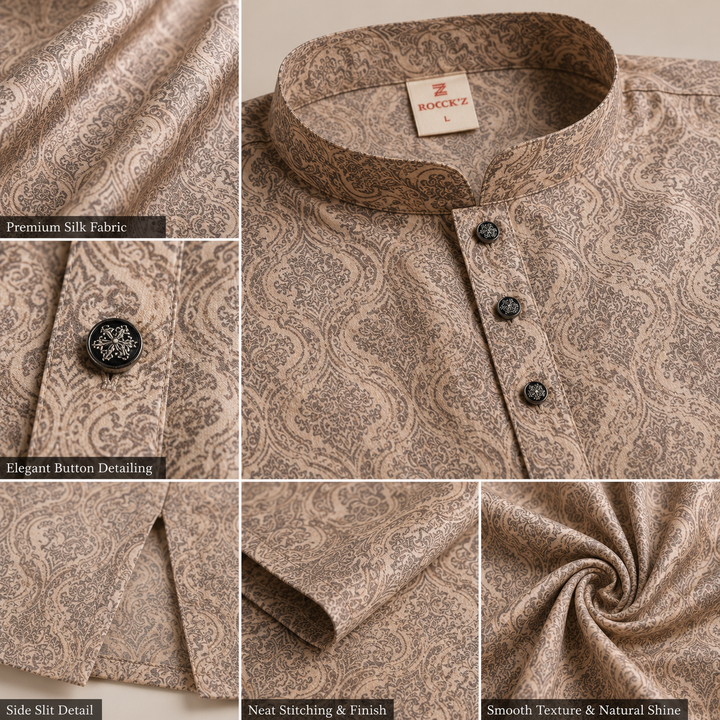 Men's Beige & Brown Ethnic Motif Printed Casual & Festive Kurta - 26375