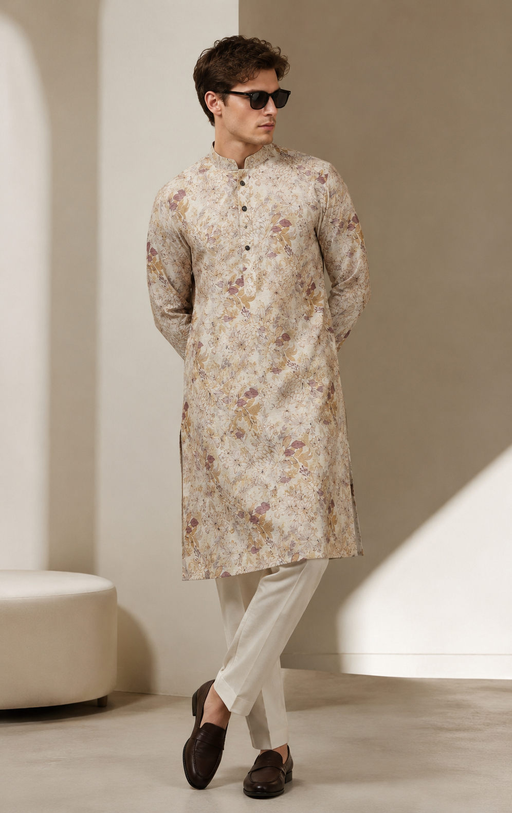 Men's Cream & Multicolored Floral Botanical Print Kurta - 26382