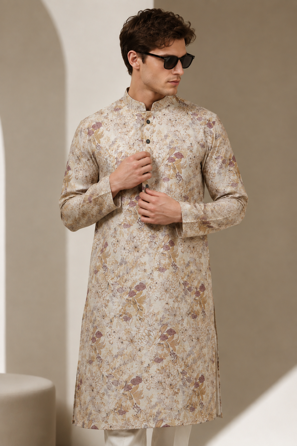 Men's Cream & Multicolored Floral Botanical Print Kurta - 26382