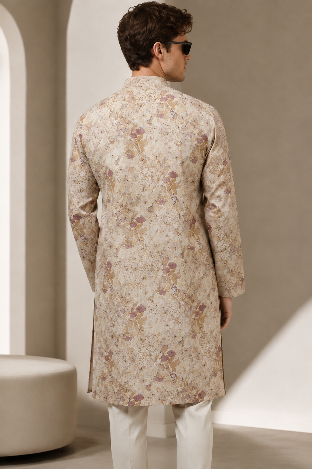 Men's Cream & Multicolored Floral Botanical Print Kurta - 26382