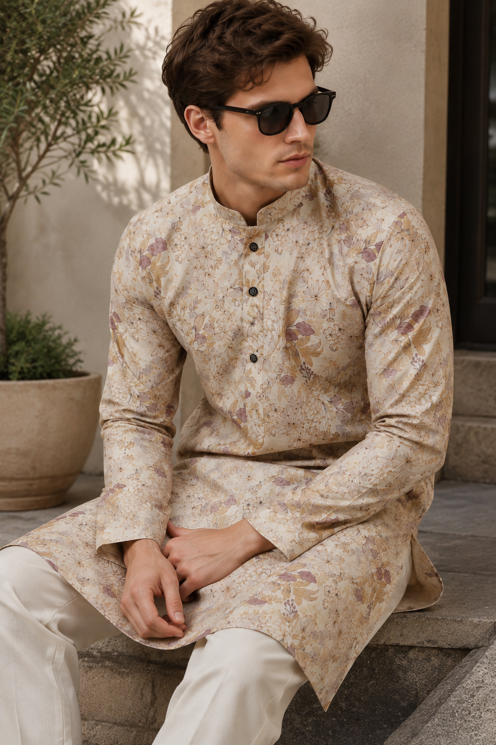 Men's Cream & Multicolored Floral Botanical Print Kurta - 26382