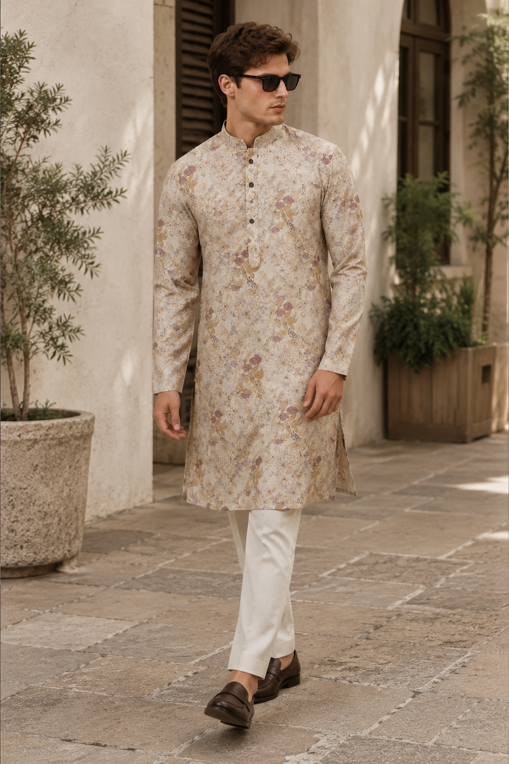 Men's Cream & Multicolored Floral Botanical Print Kurta - 26382