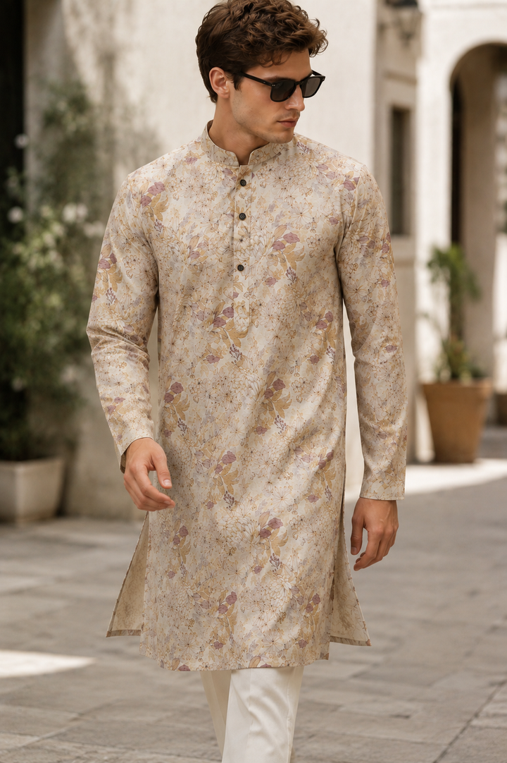 Men's Cream & Multicolored Floral Botanical Print Kurta - 26382
