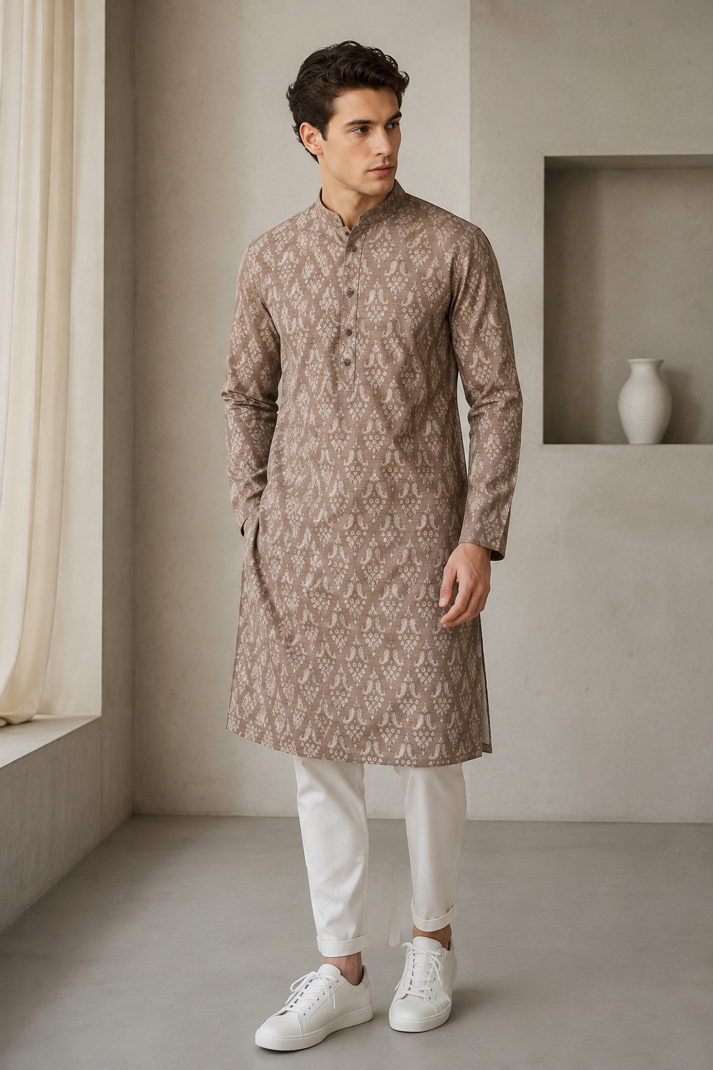 Men's Rich Brown Traditional Paisley & Floral Motif Kurta - 26372