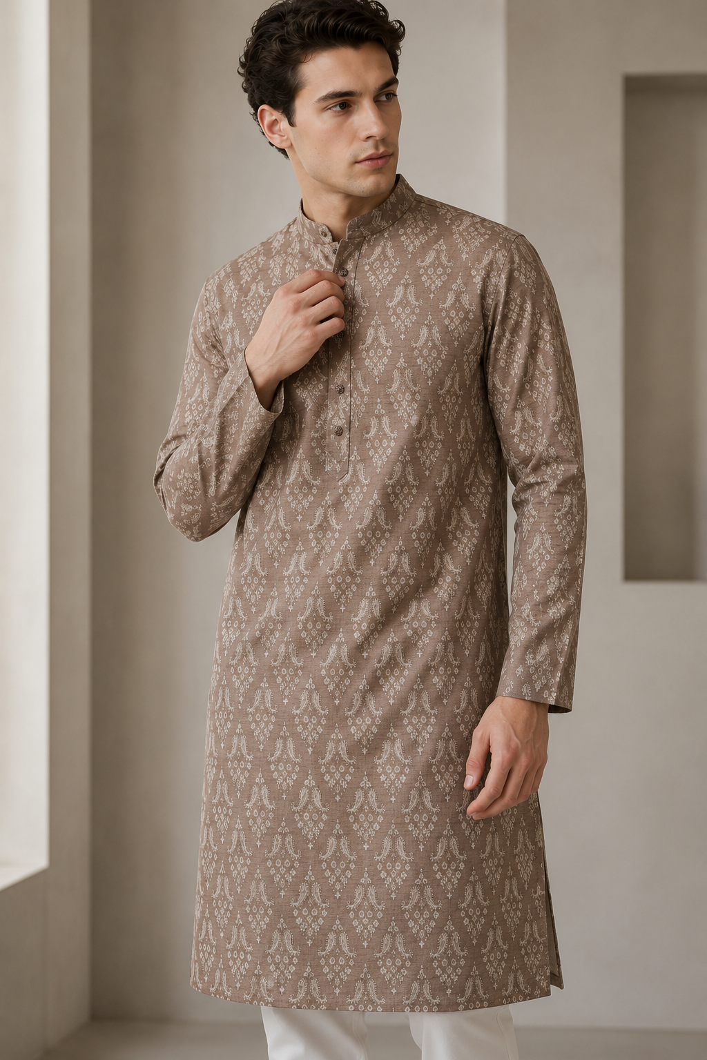Men's Rich Brown Traditional Paisley & Floral Motif Kurta - 26372