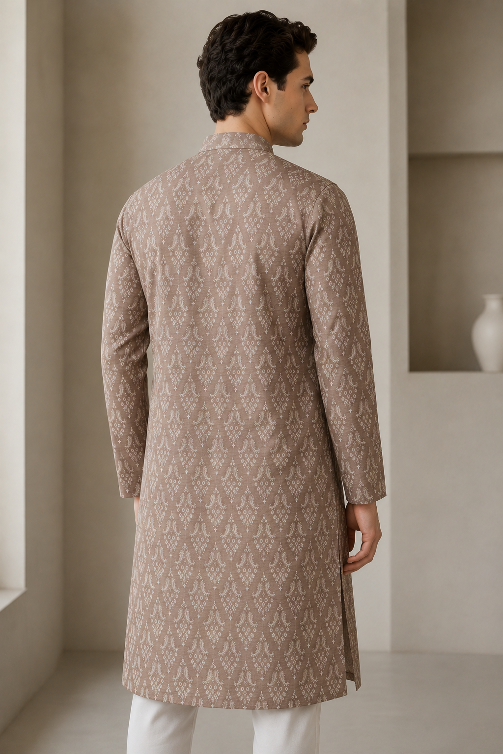 Men's Rich Brown Traditional Paisley & Floral Motif Kurta - 26372