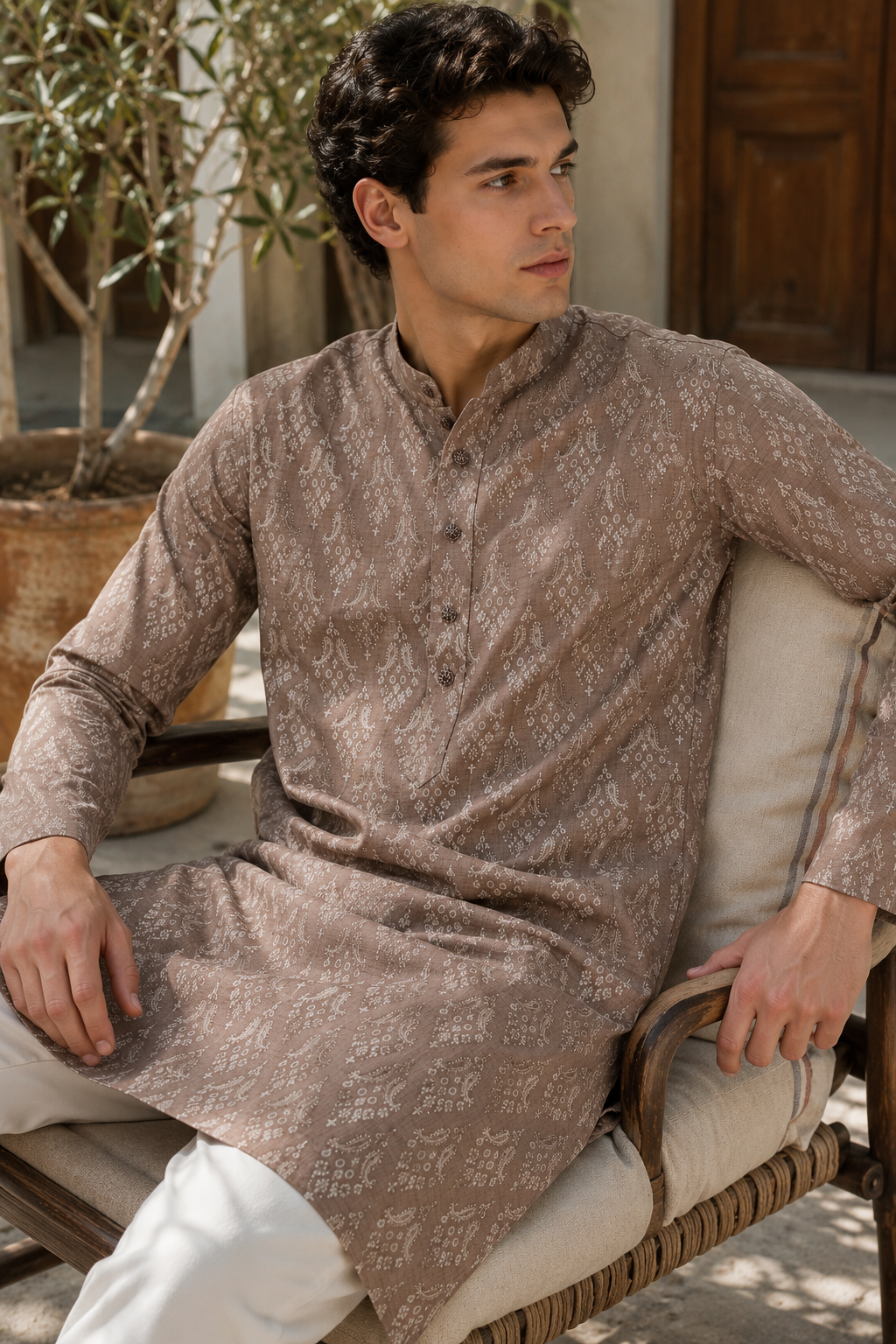Men's Rich Brown Traditional Paisley & Floral Motif Kurta - 26372