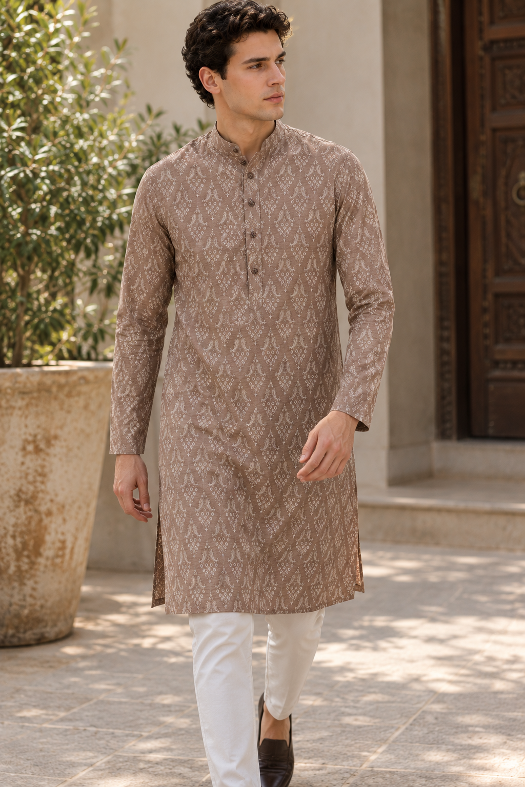 Men's Rich Brown Traditional Paisley & Floral Motif Kurta - 26372