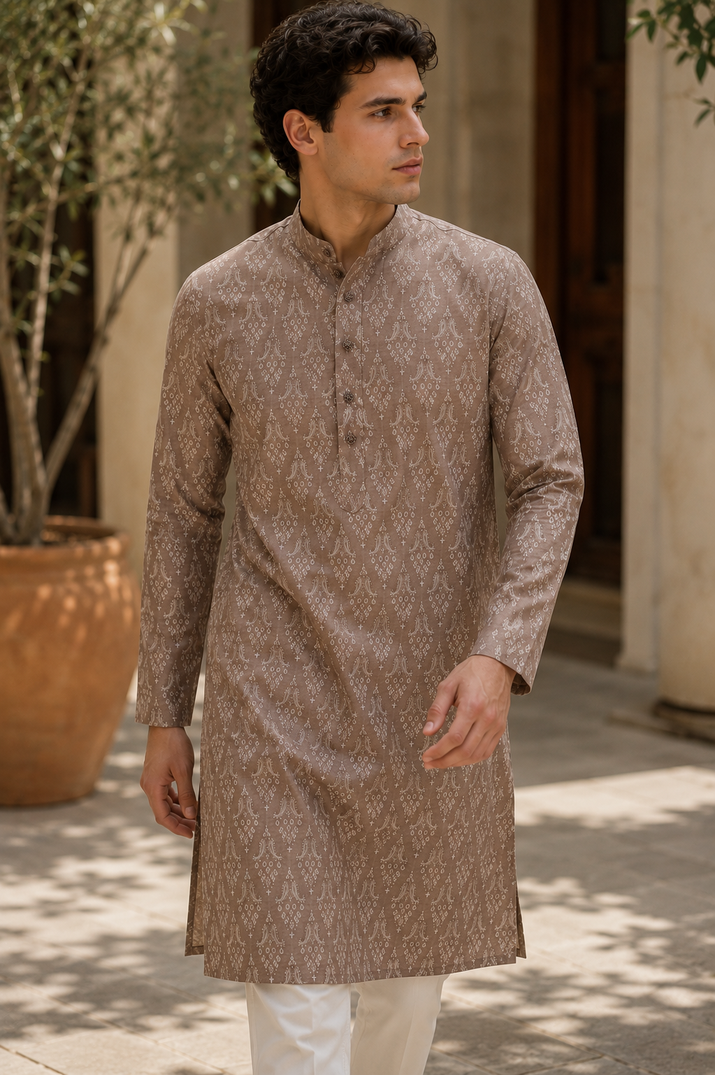 Men's Rich Brown Traditional Paisley & Floral Motif Kurta - 26372