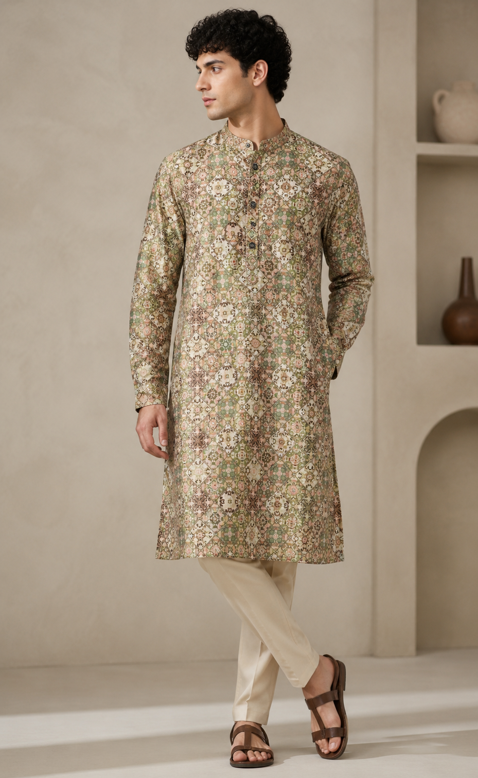 Men's Multi-Color Geometric & Mosaic Tile Print Ethnic Kurta - 26369