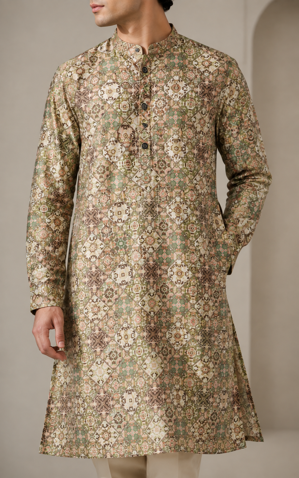 Men's Multi-Color Geometric & Mosaic Tile Print Ethnic Kurta - 26369
