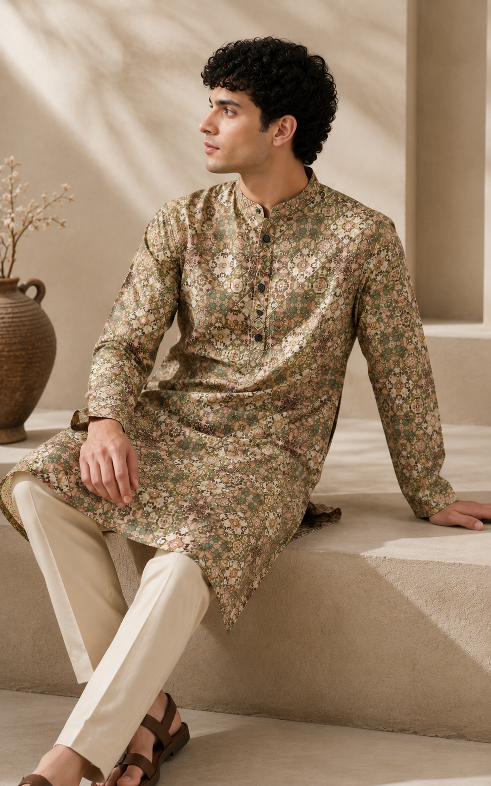 Men's Multi-Color Geometric & Mosaic Tile Print Ethnic Kurta - 26369