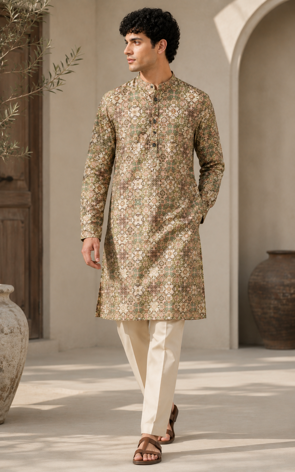 Men's Multi-Color Geometric & Mosaic Tile Print Ethnic Kurta - 26369