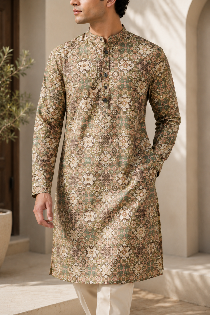 Men's Multi-Color Geometric & Mosaic Tile Print Ethnic Kurta - 26369