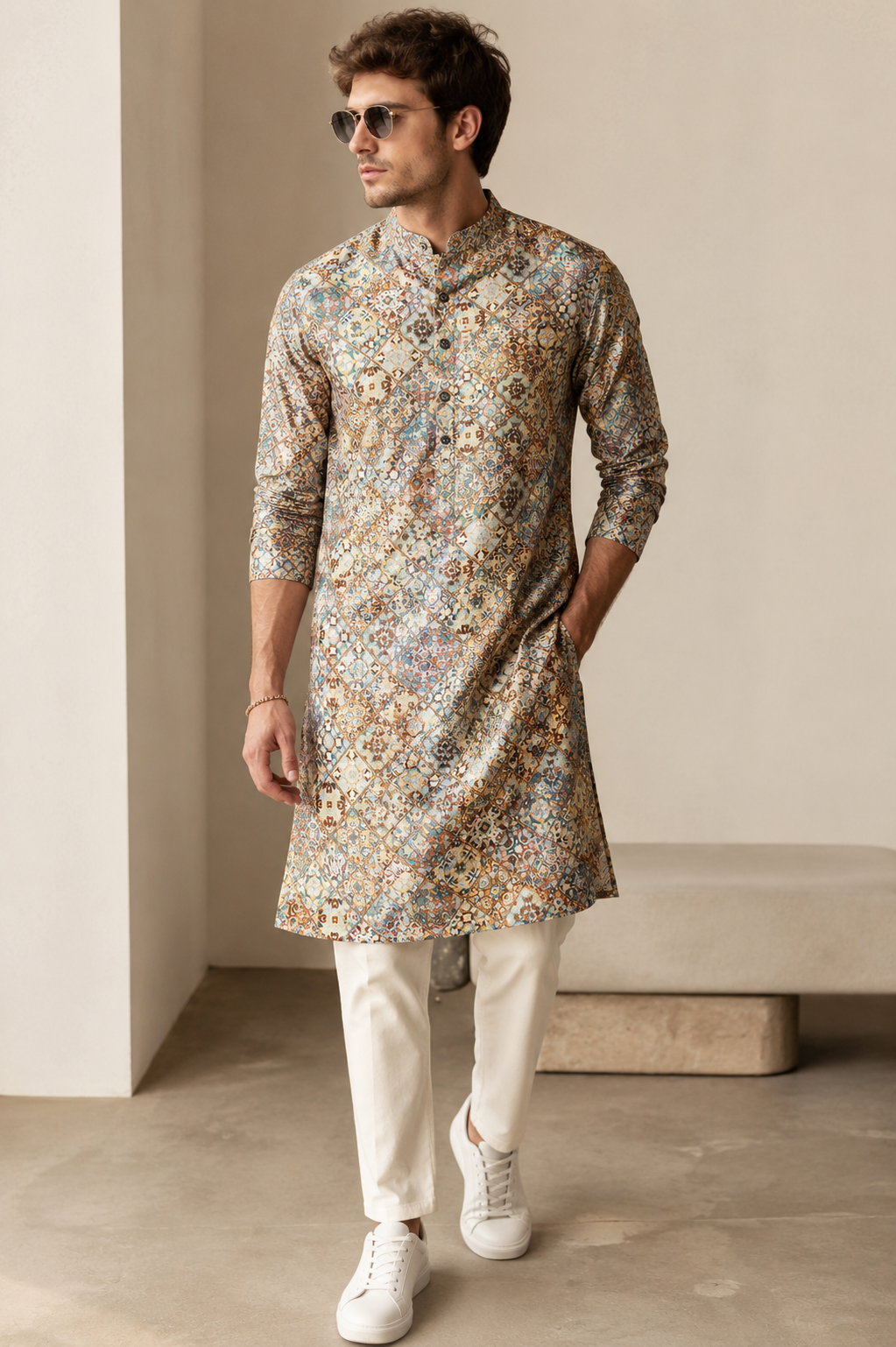 Vibrant Mosaic Print Festive & Casual Short Kurta for Men - 26370